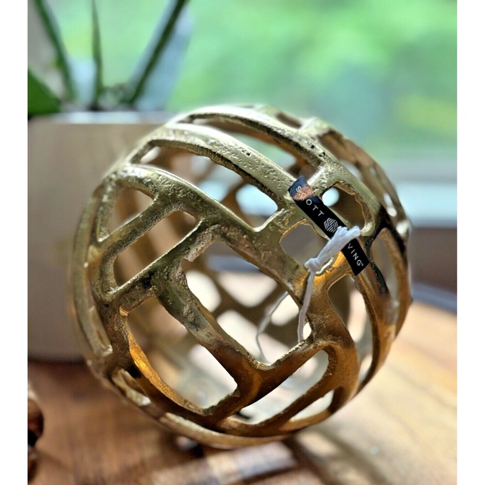Scott Living Metal Decorative Globe Orb Gold Finish 6"Round Geo Cutouts Textured